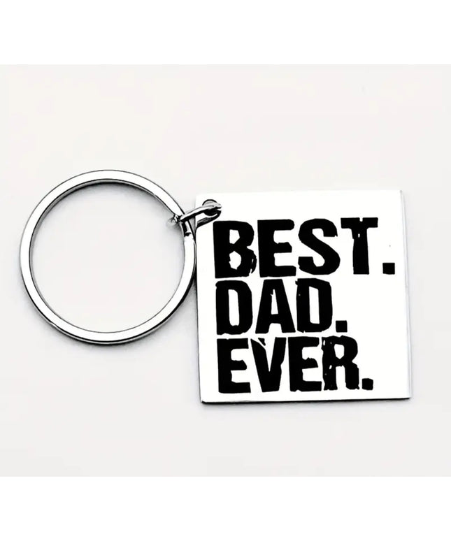 Silver keychain that reads "Best.Dad.Ever." in black font