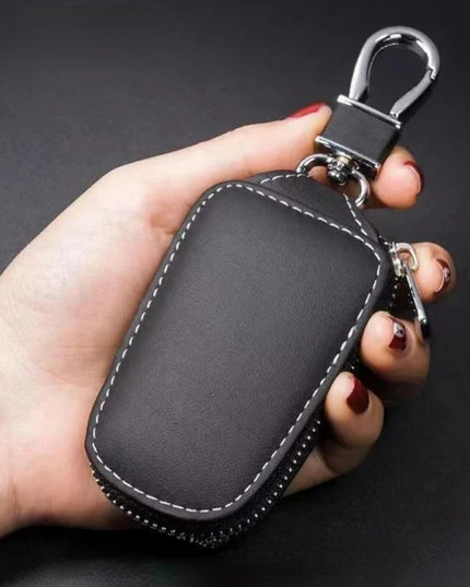 Black leather key fob case