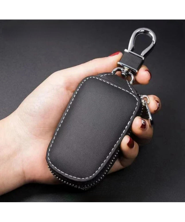 Black leather key fob case