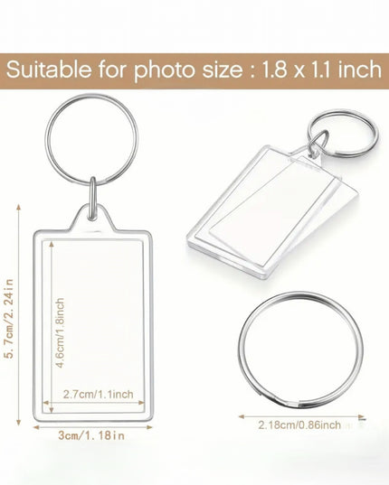 Clear photo cover keychain with measurements