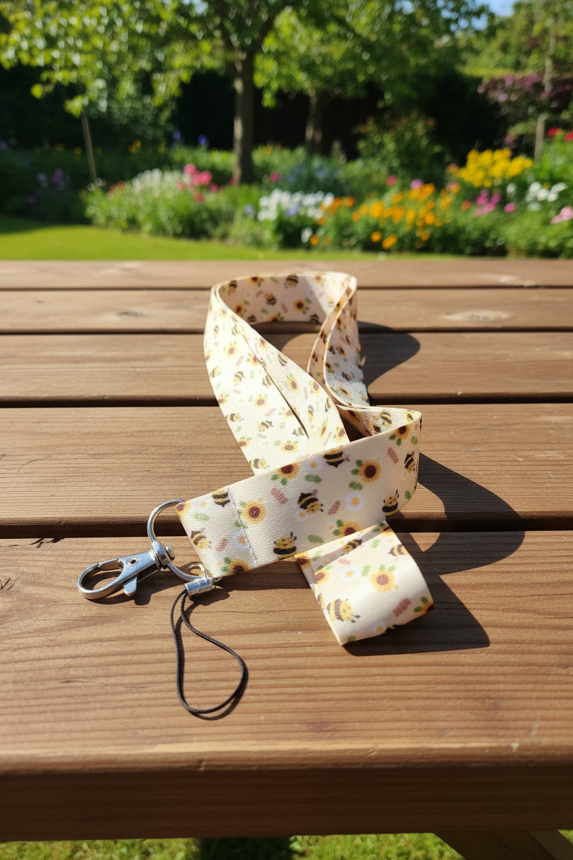 Creme colored lanyard with small bees and small yellow sunflowers