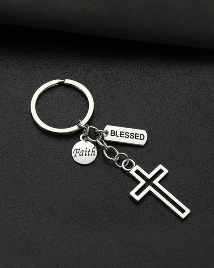 Silver cross keychain with two charms - blessed and faith