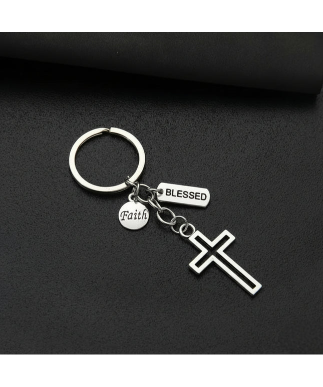 Silver cross keychain with two charms - blessed and faith