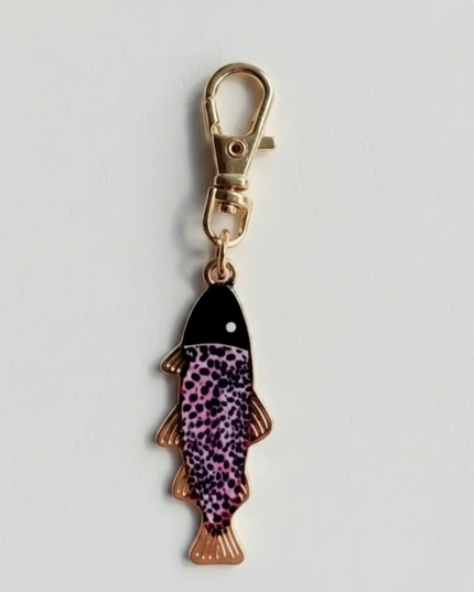 Keychain with Fish Shaped Charm with black and purple spots