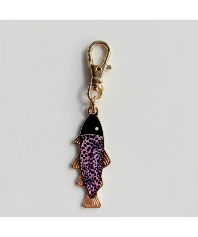Keychain with Fish Shaped Charm with black and purple spots