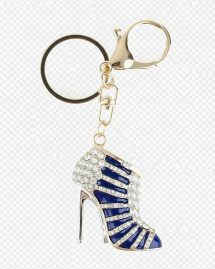 Blue high-heeled shoe keychain with measurements on a white background