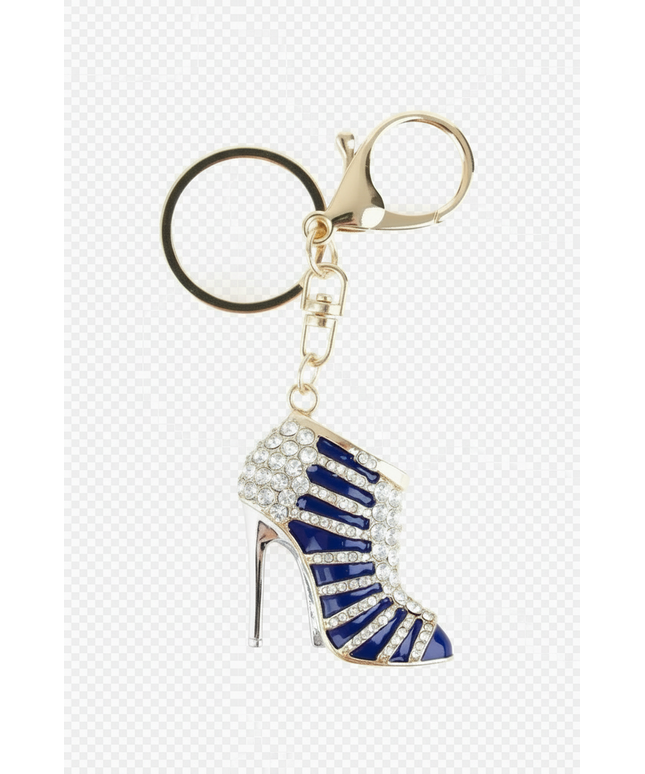 Blue high-heeled shoe keychain with measurements on a white background