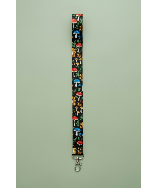 Lanyard with lobster clasp and phone charm loop - black with multicolor mushrooms