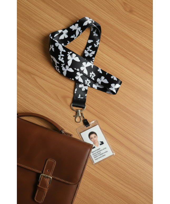 Black lanyard with butterflies outlined in white with lobster clasp and phone charm loop