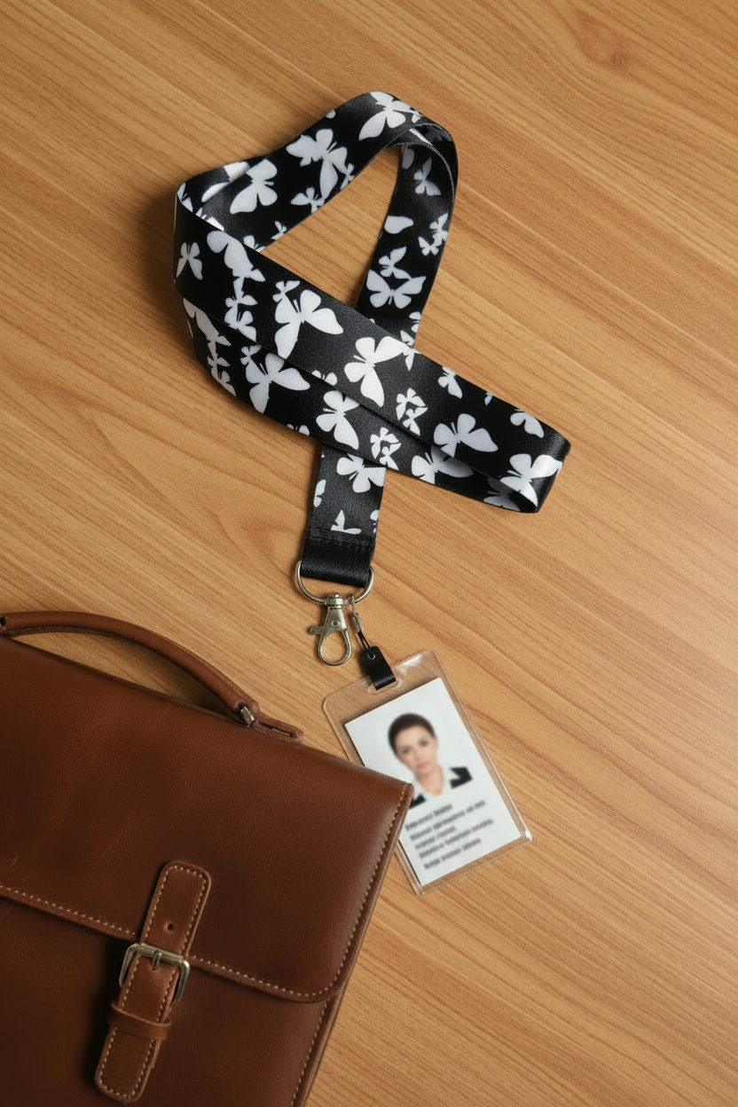 Black lanyard with butterflies outlined in white with lobster clasp and phone charm loop