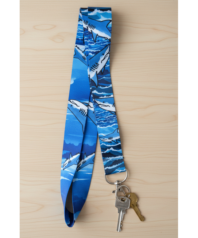 Lanyard with lobster clasp and phone charm loop - blue with blue ocean water and sharks