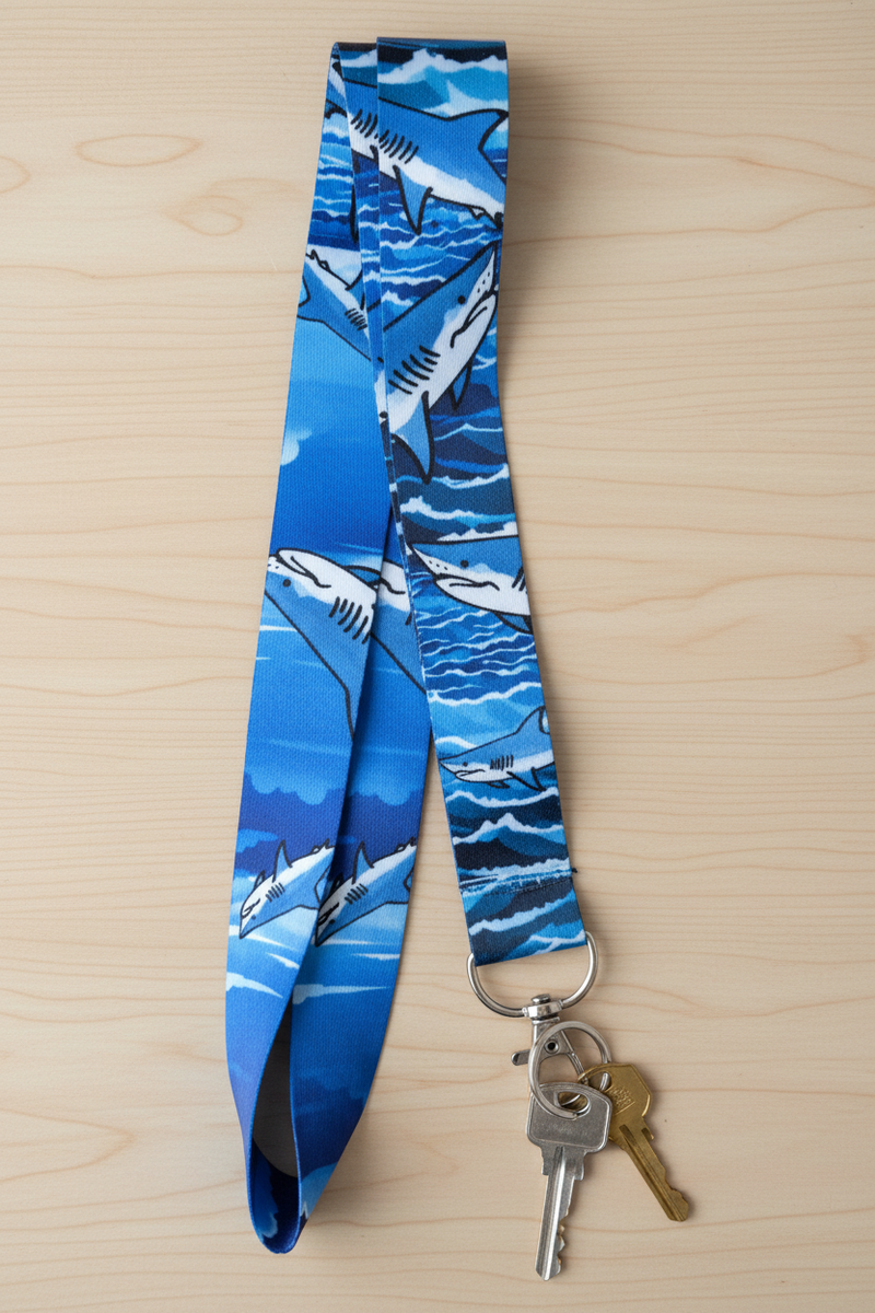 Lanyard with lobster clasp and phone charm loop - blue with blue ocean water and sharks