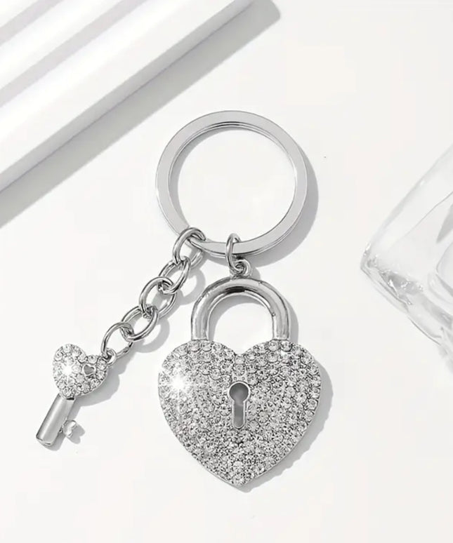 Rhinestone Heart Lock And Key Charm (SLV)