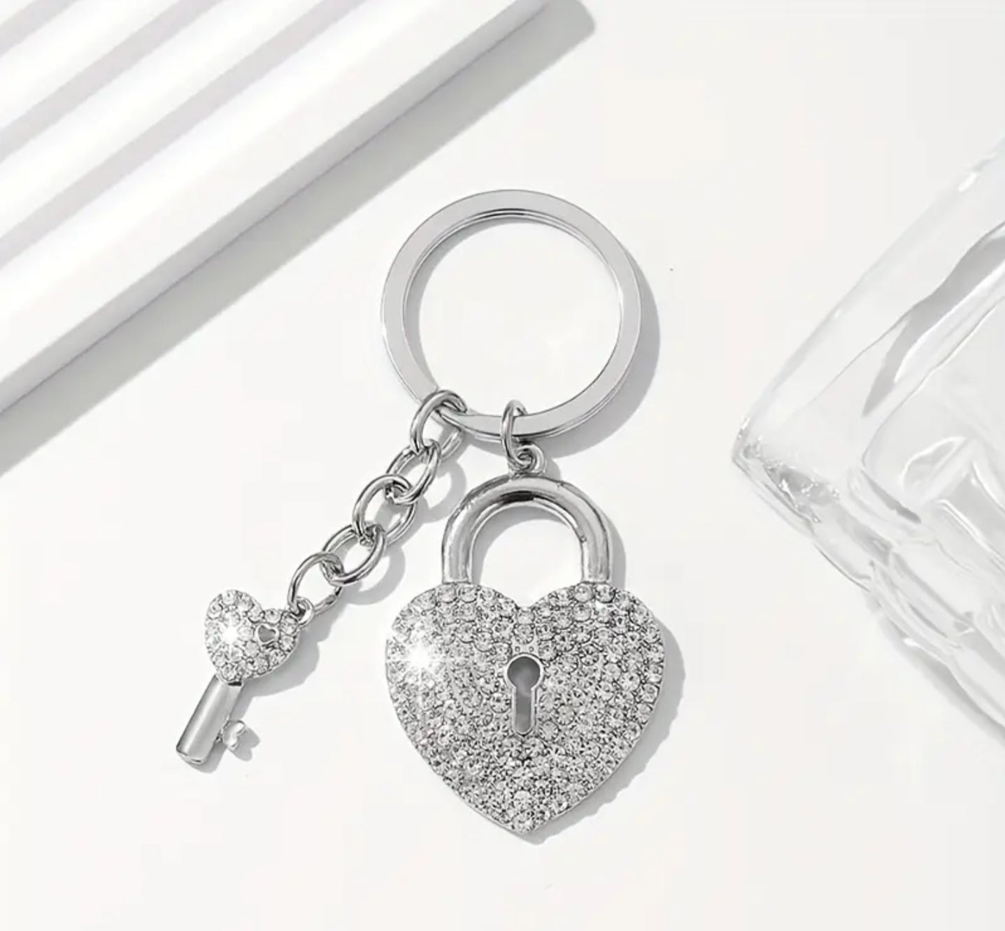 Rhinestone Heart Lock And Key Charm (SLV)