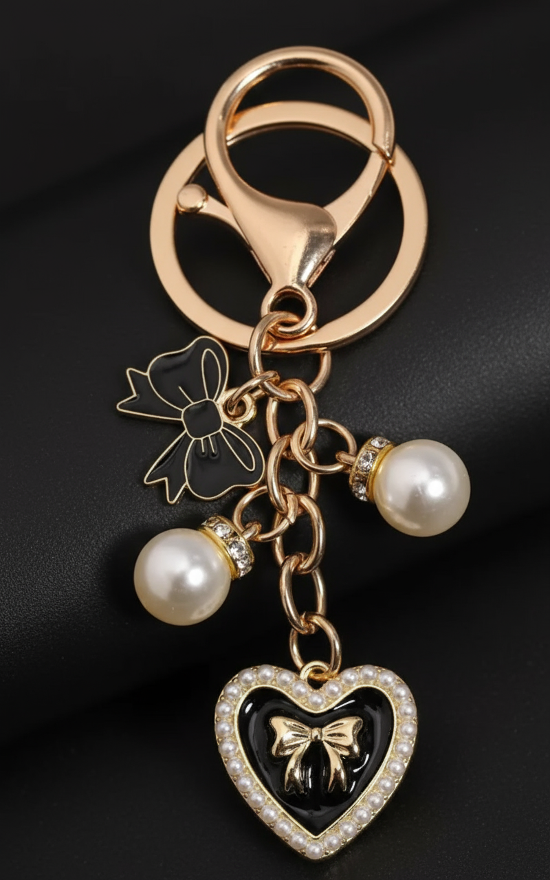 2 Pearl Black Heart Charm (Gld)