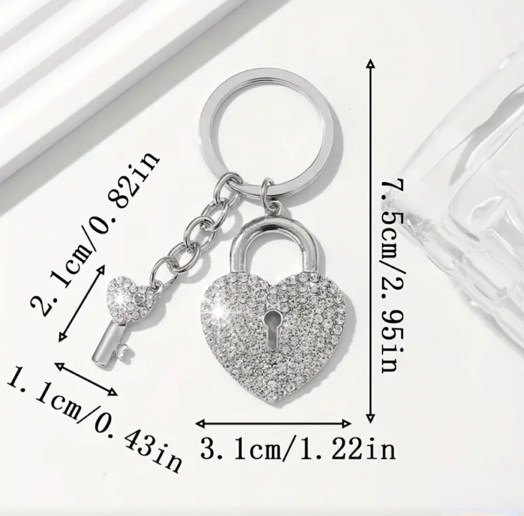 Rhinestone Heart Lock And Key Charm (SLV)