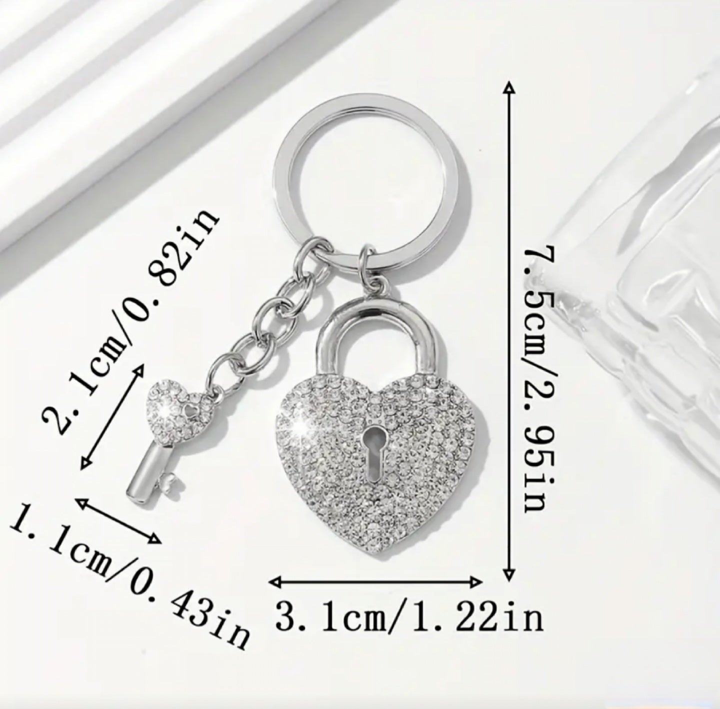 Rhinestone Heart Lock And Key Charm (SLV)